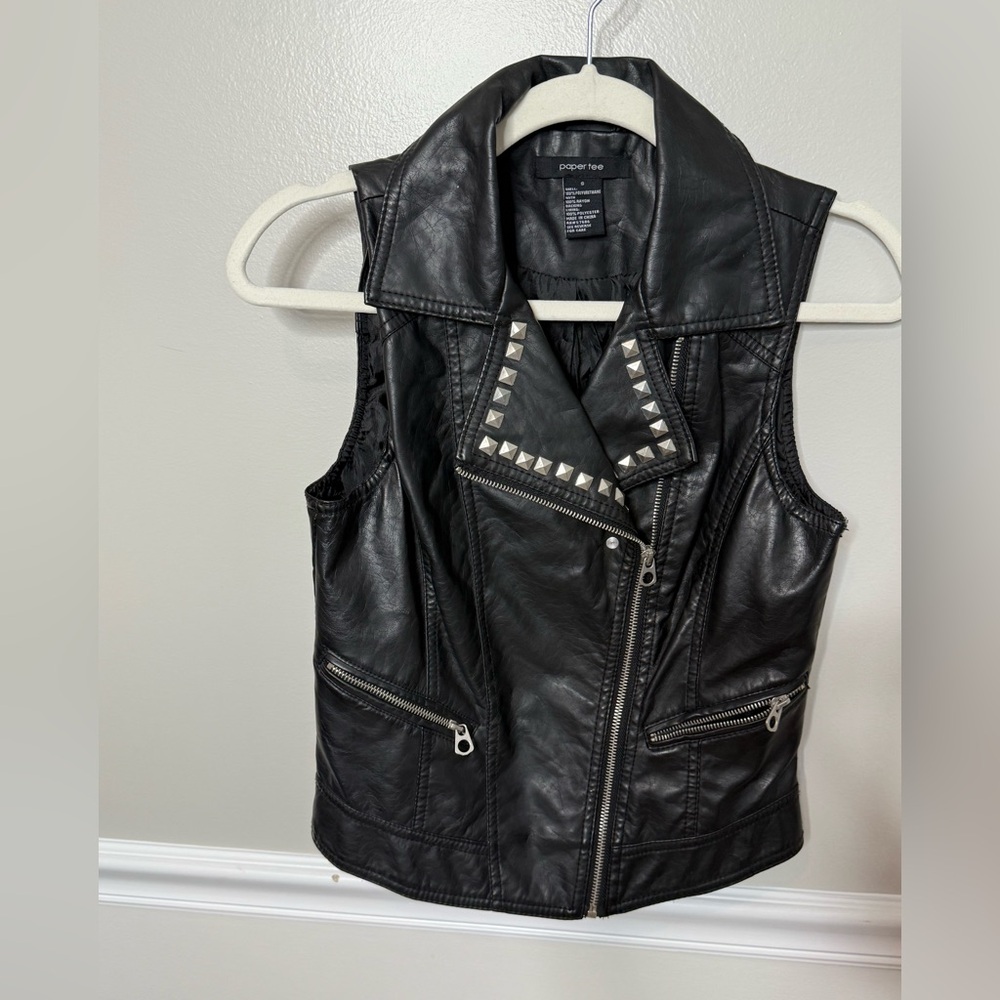 Paper Tee Black Faux Leather Vest with Silver Studs